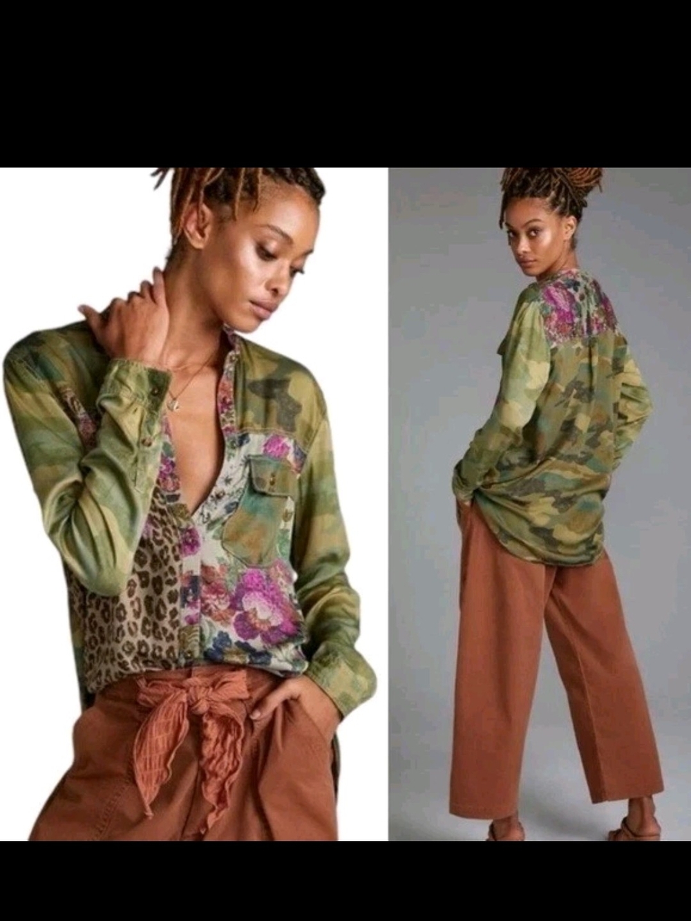 Womens Green Camo Floral Patchwork Button-Down Top